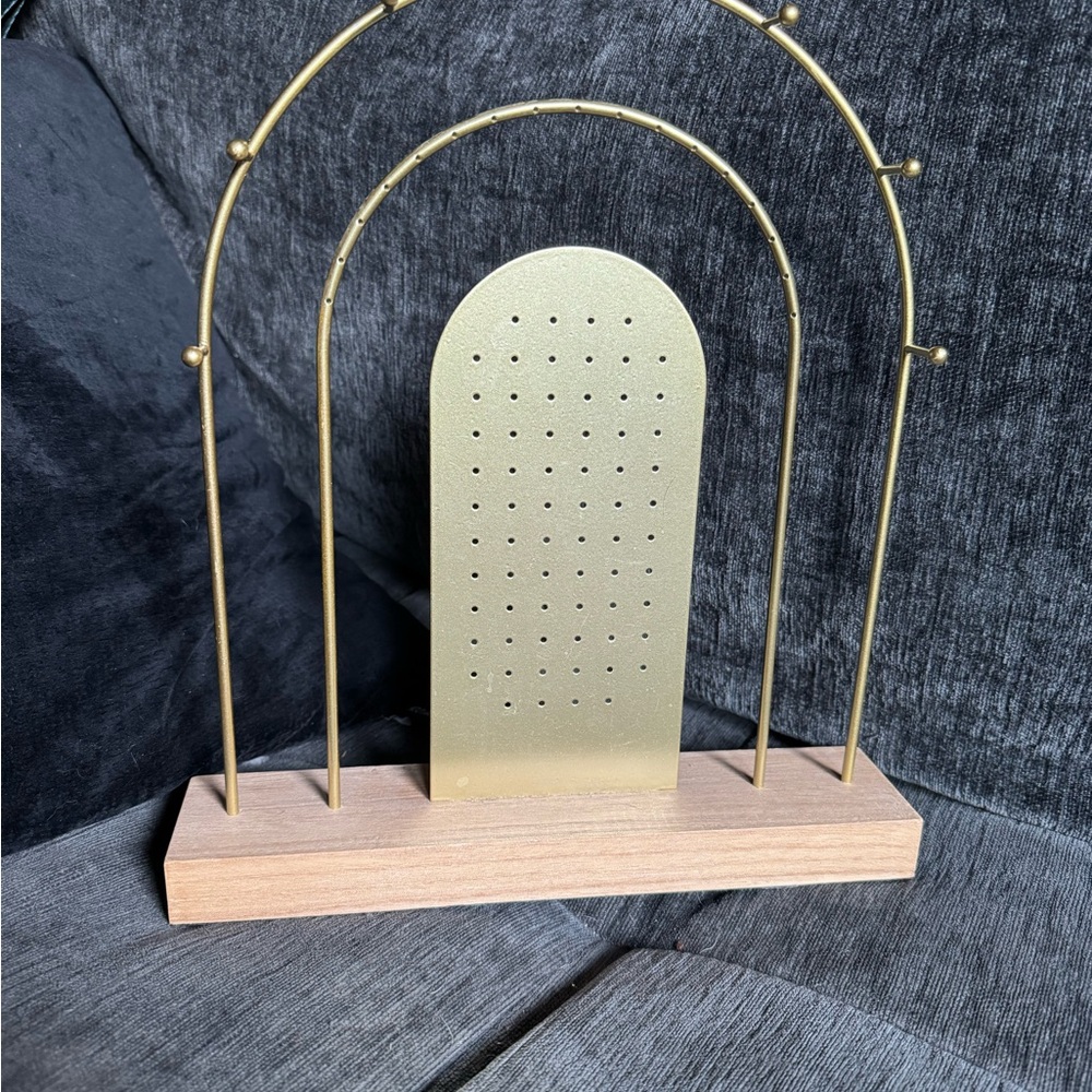 Gold Jewelry Stand with Wooden Base